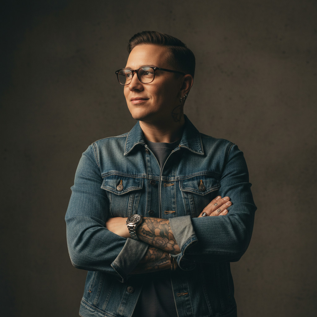 Modern luxury waist-up — cinematic studio portrait