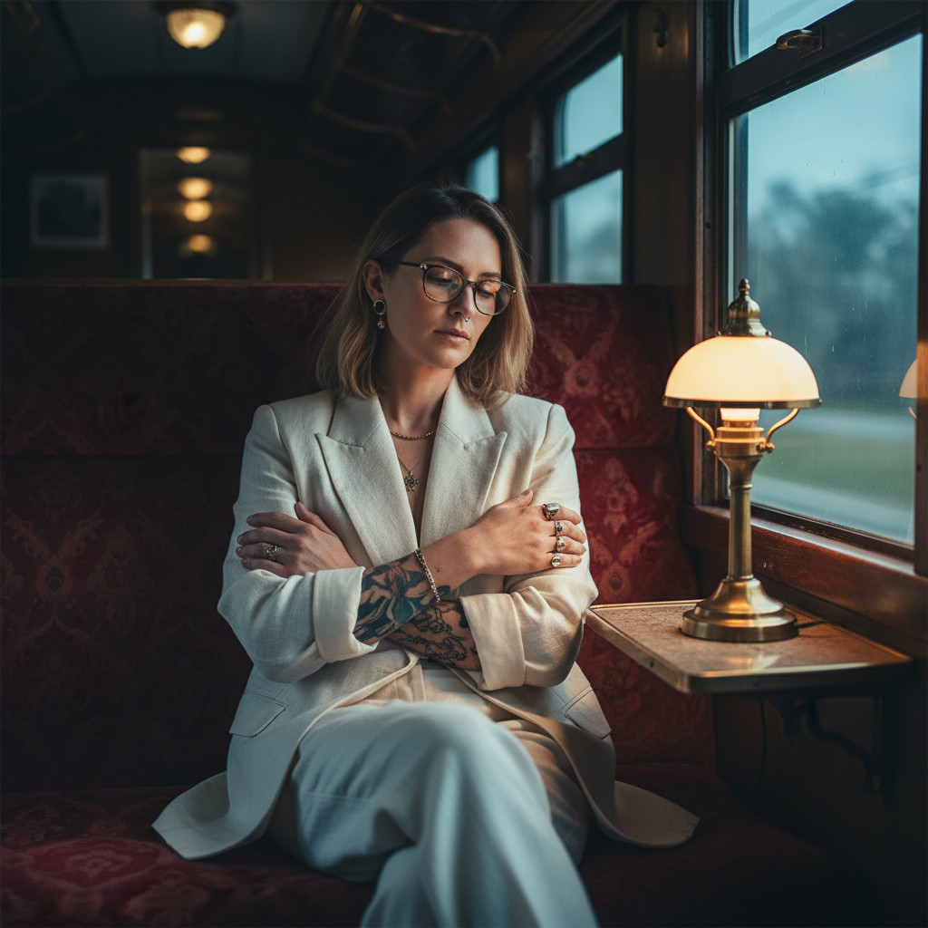 Intimate waist-up — vintage train compartment with