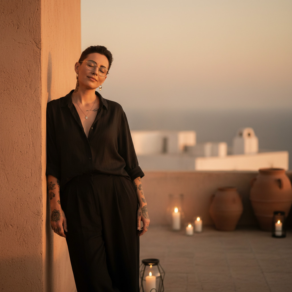 Ethereal full-body — sun-drenched Mediterranean rooftop at