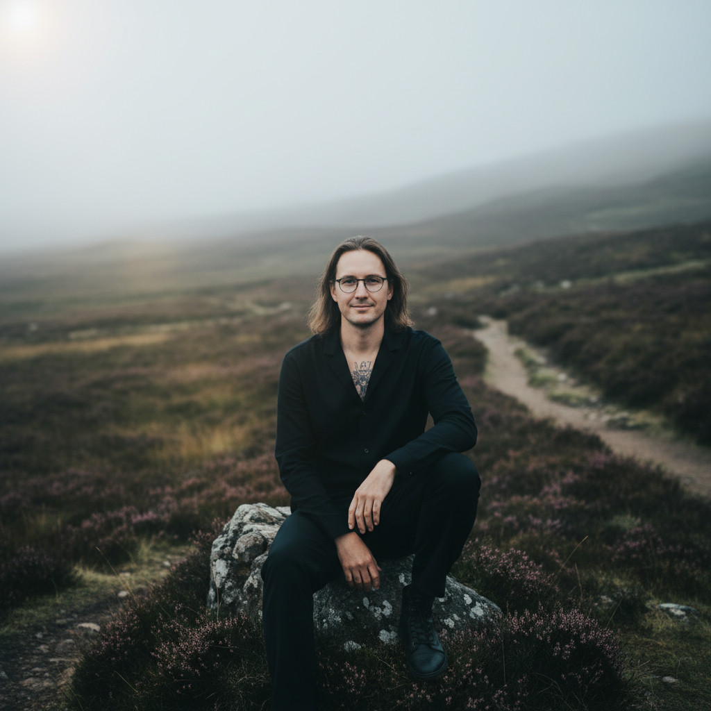 Intimate close-up portrait — misty Scottish highland moor