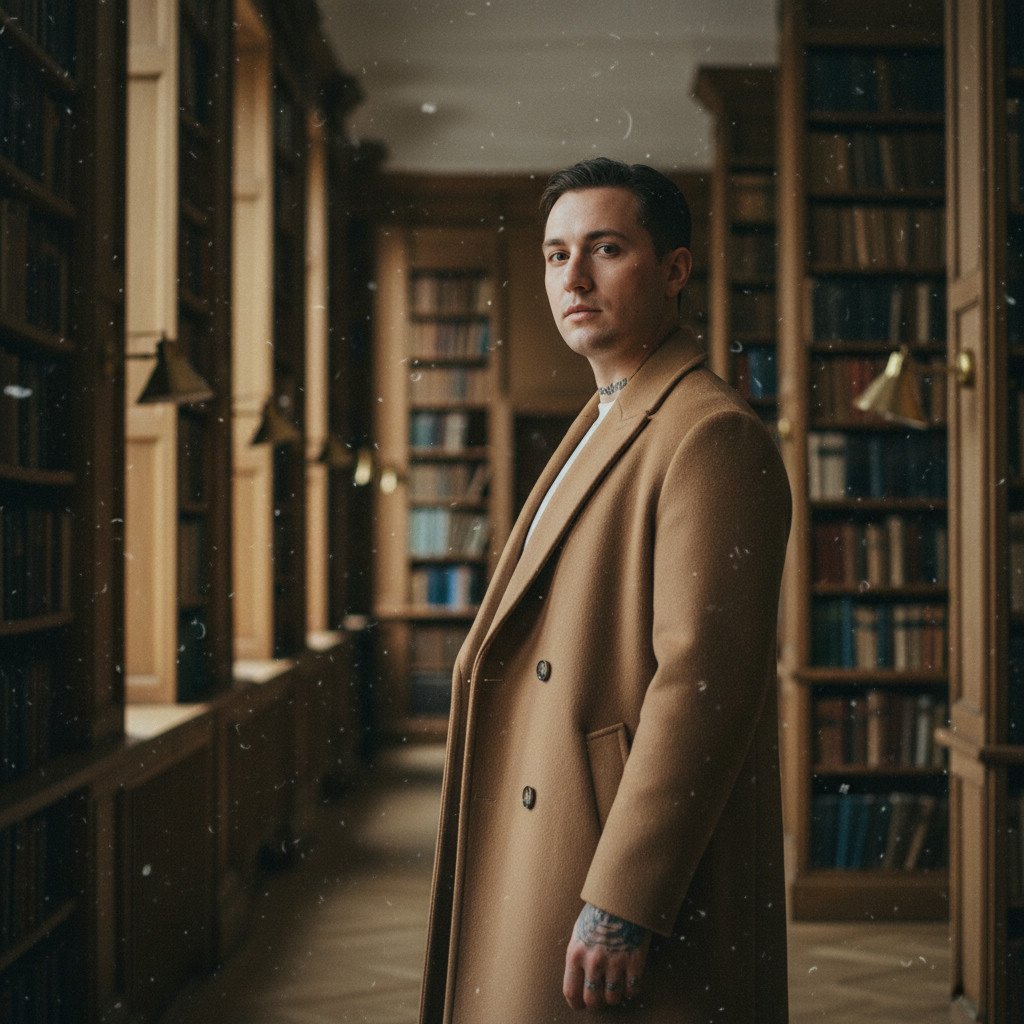 Timeless half-body — old library with floor-to-ceiling